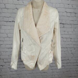BKE Ivory Animal Print Soft Faux Fur Lined Snap Front Moto Jacket Size Small S